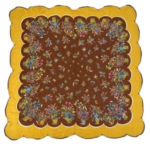 vintage scalloped Carol Stanley Floral Designer Scarf Silk Yellow Brown One Size